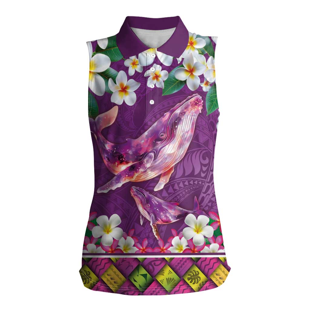 Hawaiian Plumeria and Humpback Whales Women Sleeveless Polo Shirt Polynerian Art Tattoo-Mauve Color LT03 Female Purple - Polynesian Pride