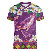Hawaiian Plumeria and Humpback Whales Women V-Neck T-Shirt Polynerian Art Tattoo-Mauve Color LT03 Female Purple - Polynesian Pride