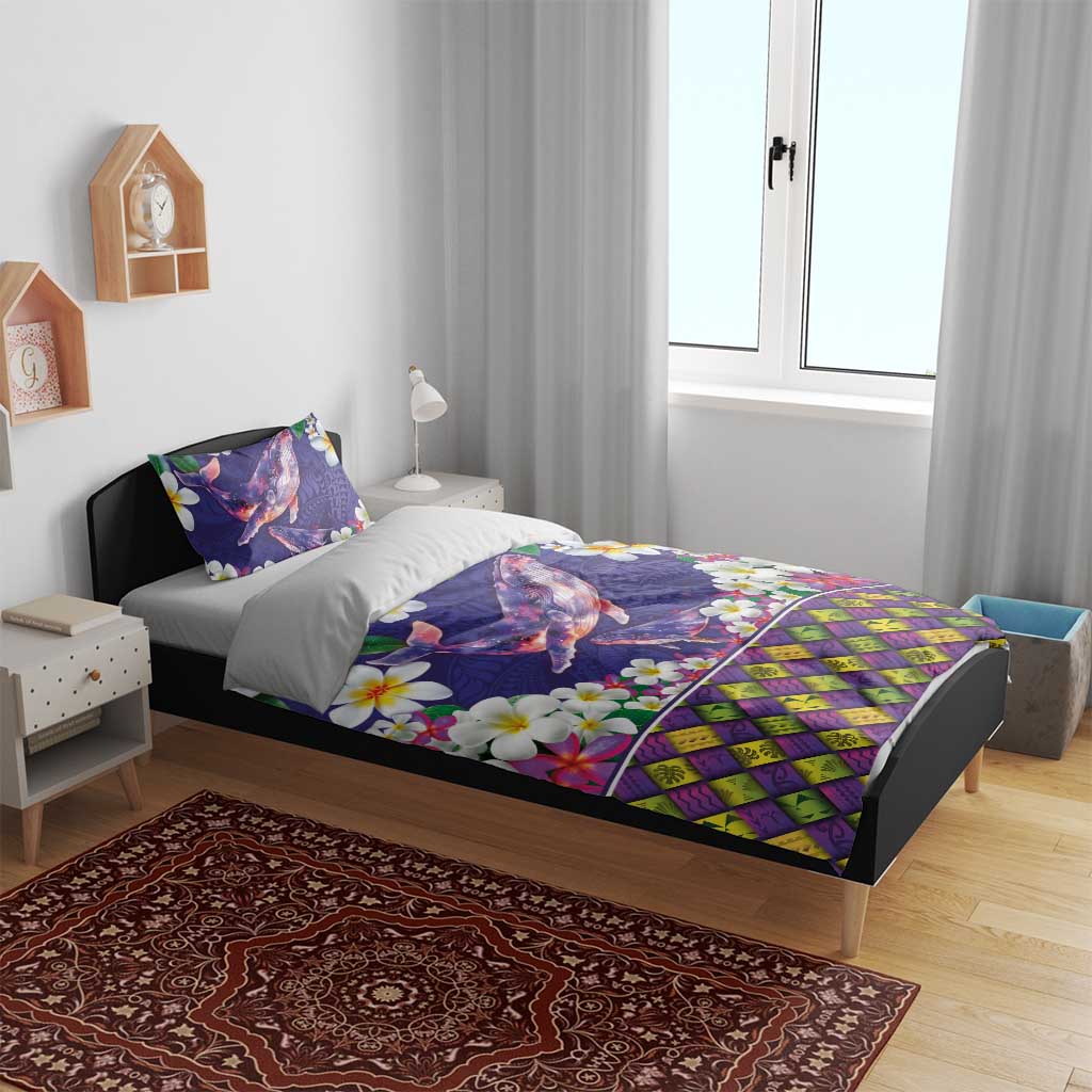 Hawaiian Plumeria and Humpback Whales Bedding Set Polynerian Art Tattoo-Navy Color