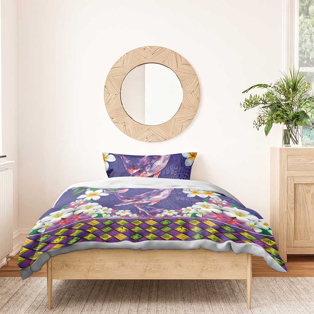 Hawaiian Plumeria and Humpback Whales Bedding Set Polynerian Art Tattoo-Navy Color