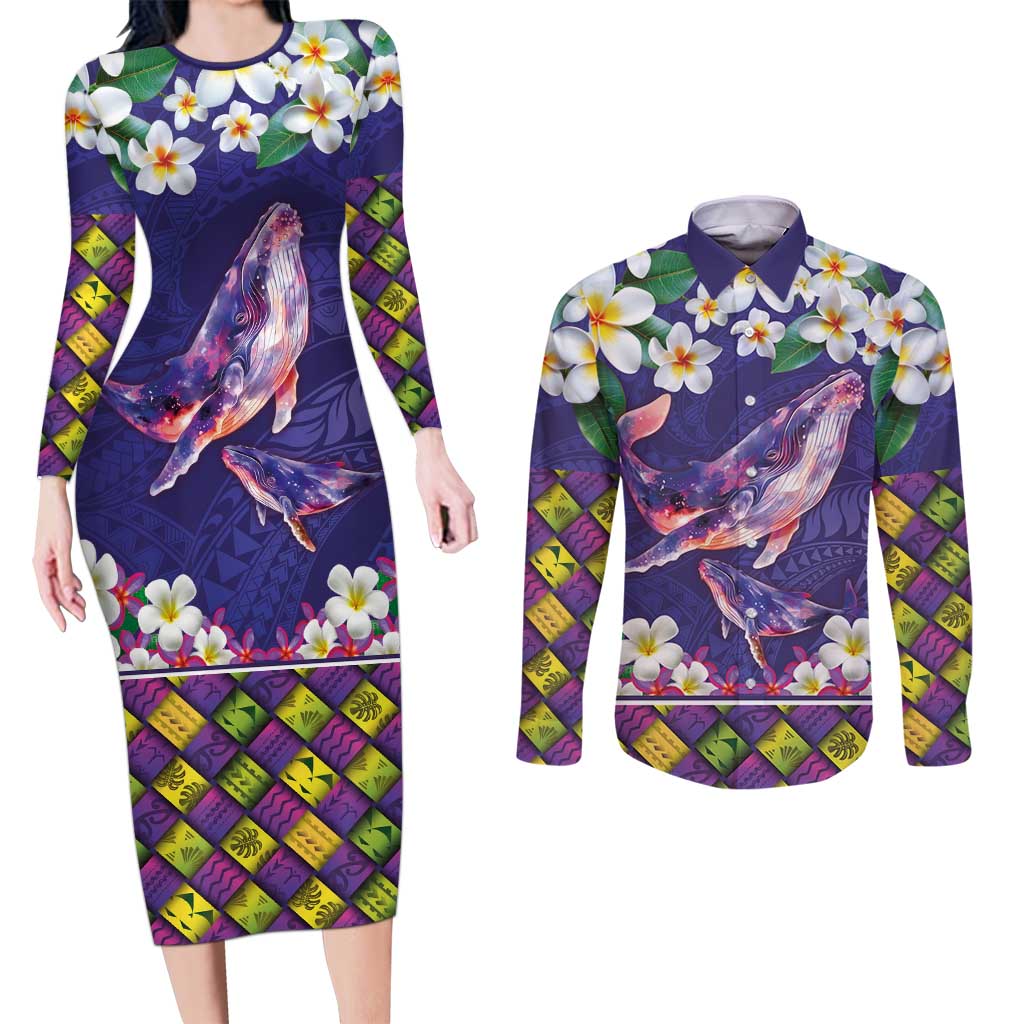 Hawaiian Plumeria and Humpback Whales Couples Matching Long Sleeve Bodycon Dress and Long Sleeve Button Shirt Polynerian Art Tattoo-Navy Color