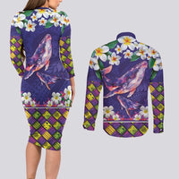 Hawaiian Plumeria and Humpback Whales Couples Matching Long Sleeve Bodycon Dress and Long Sleeve Button Shirt Polynerian Art Tattoo-Navy Color
