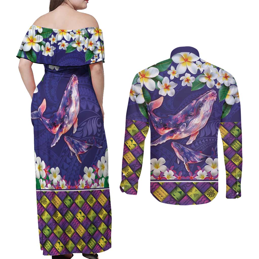 Hawaiian Plumeria and Humpback Whales Couples Matching Off Shoulder Maxi Dress and Long Sleeve Button Shirt Polynerian Art Tattoo-Navy Color