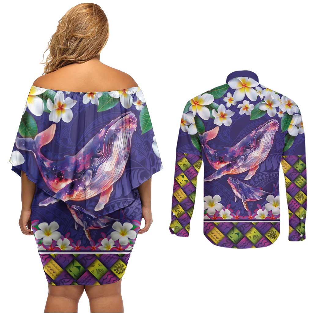 Hawaiian Plumeria and Humpback Whales Couples Matching Off Shoulder Short Dress and Long Sleeve Button Shirt Polynerian Art Tattoo-Navy Color