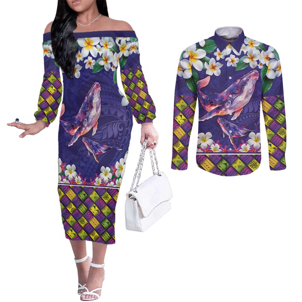 Hawaiian Plumeria and Humpback Whales Couples Matching Off The Shoulder Long Sleeve Dress and Long Sleeve Button Shirt Polynerian Art Tattoo-Navy Color