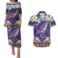 Hawaiian Plumeria and Humpback Whales Couples Matching Puletasi and Hawaiian Shirt Polynerian Art Tattoo-Navy Color LT03 Navy - Polynesian Pride