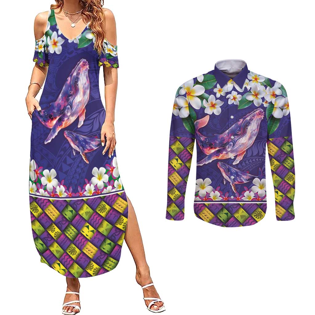 Hawaiian Plumeria and Humpback Whales Couples Matching Summer Maxi Dress and Long Sleeve Button Shirt Polynerian Art Tattoo-Navy Color
