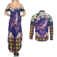 Hawaiian Plumeria and Humpback Whales Couples Matching Summer Maxi Dress and Long Sleeve Button Shirt Polynerian Art Tattoo-Navy Color