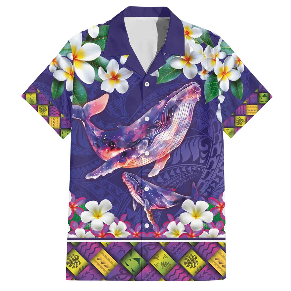 Hawaiian Plumeria and Humpback Whales Family Matching Long Sleeve Bodycon Dress and Hawaiian Shirt Polynerian Art Tattoo-Navy Color