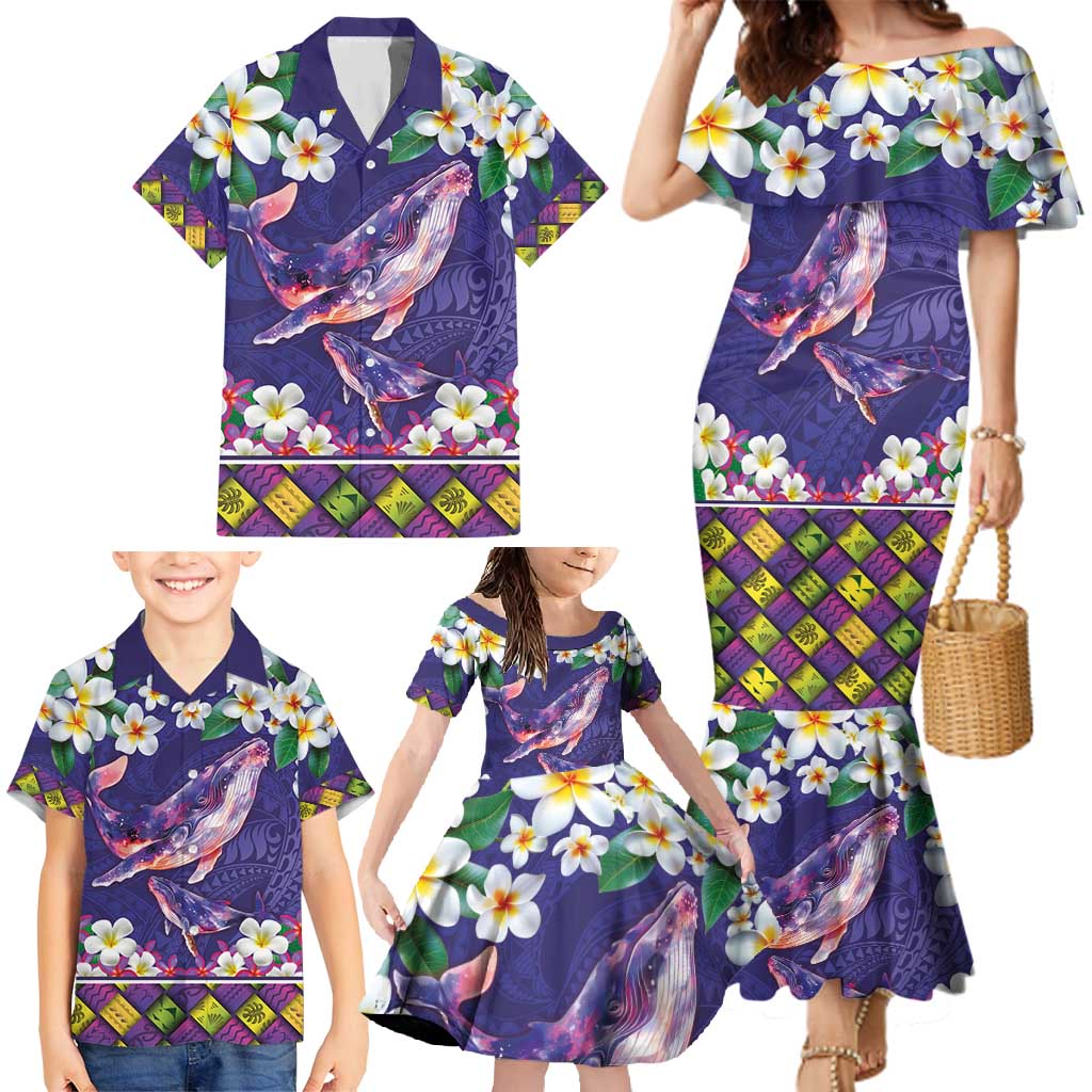 Hawaiian Plumeria and Humpback Whales Family Matching Mermaid Dress and Hawaiian Shirt Polynerian Art Tattoo-Navy Color LT03 - Polynesian Pride