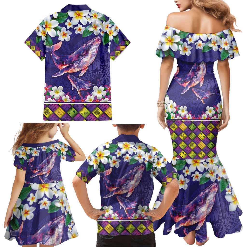 Hawaiian Plumeria and Humpback Whales Family Matching Mermaid Dress and Hawaiian Shirt Polynerian Art Tattoo-Navy Color LT03 - Polynesian Pride