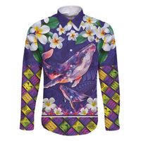 Hawaiian Plumeria and Humpback Whales Family Matching Mermaid Dress and Hawaiian Shirt Polynerian Art Tattoo-Navy Color LT03 Dad's Shirt - Long Sleeve Navy - Polynesian Pride