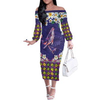 Hawaiian Plumeria and Humpback Whales Family Matching Off The Shoulder Long Sleeve Dress and Hawaiian Shirt Polynerian Art Tattoo-Navy Color