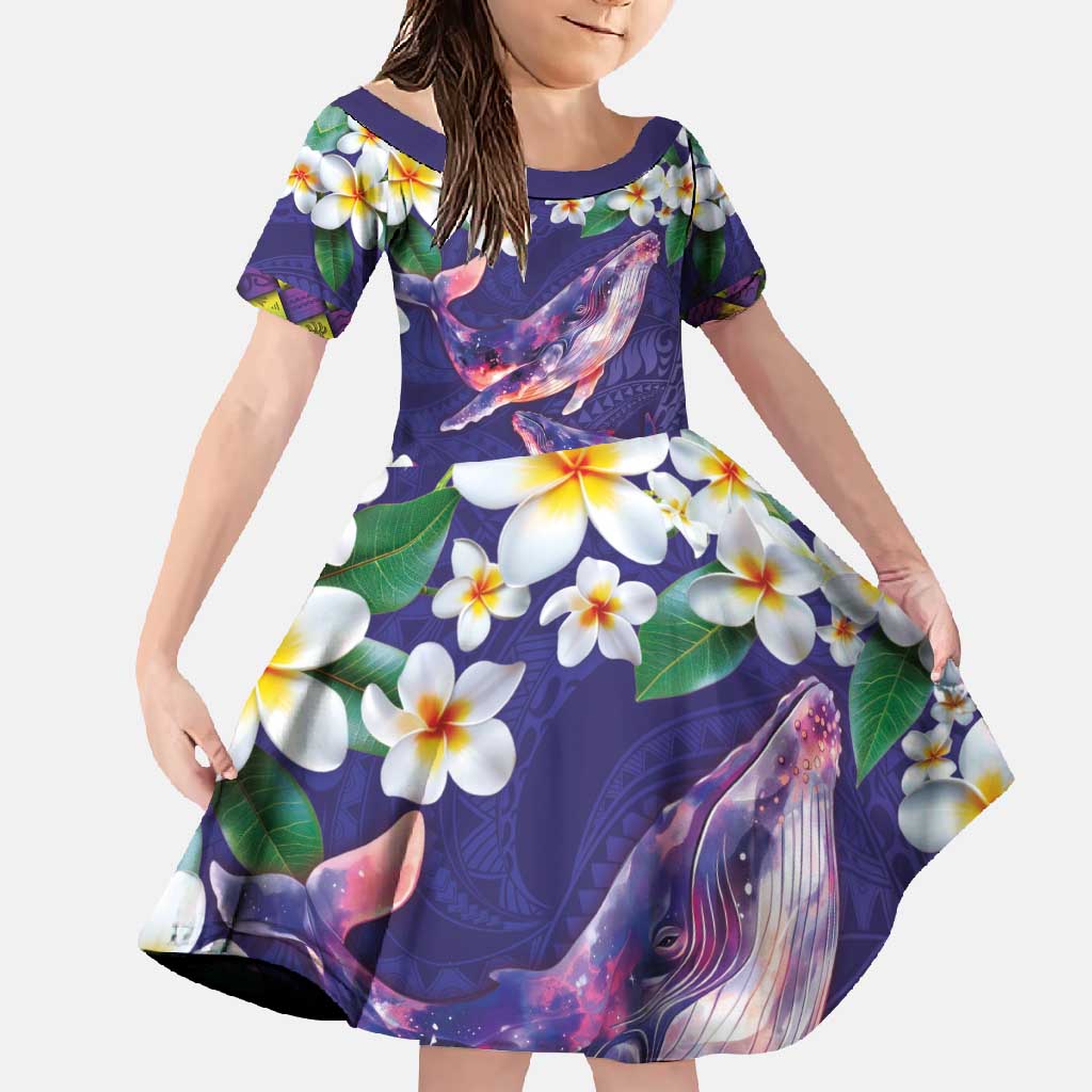 Hawaiian Plumeria and Humpback Whales Family Matching Off Shoulder Maxi Dress and Hawaiian Shirt Polynerian Art Tattoo-Navy Color LT03 Daughter's Dress Navy - Polynesian Pride