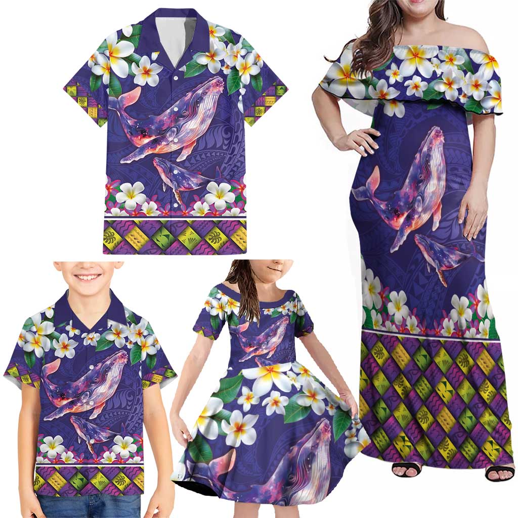 Hawaiian Plumeria and Humpback Whales Family Matching Off Shoulder Maxi Dress and Hawaiian Shirt Polynerian Art Tattoo-Navy Color LT03 - Polynesian Pride