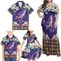 Hawaiian Plumeria and Humpback Whales Family Matching Off Shoulder Maxi Dress and Hawaiian Shirt Polynerian Art Tattoo-Navy Color LT03 - Polynesian Pride