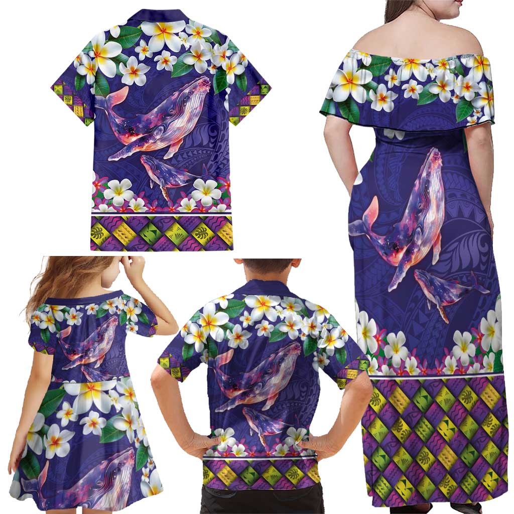 Hawaiian Plumeria and Humpback Whales Family Matching Off Shoulder Maxi Dress and Hawaiian Shirt Polynerian Art Tattoo-Navy Color LT03 - Polynesian Pride