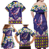 Hawaiian Plumeria and Humpback Whales Family Matching Off Shoulder Maxi Dress and Hawaiian Shirt Polynerian Art Tattoo-Navy Color LT03 - Polynesian Pride