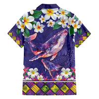 Hawaiian Plumeria and Humpback Whales Family Matching Off Shoulder Short Dress and Hawaiian Shirt Polynerian Art Tattoo-Navy Color