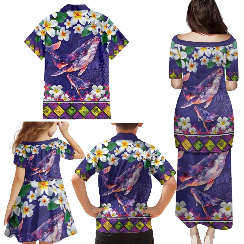 Hawaiian Plumeria and Humpback Whales Family Matching Puletasi and Hawaiian Shirt Polynerian Art Tattoo-Navy Color LT03 - Polynesian Pride