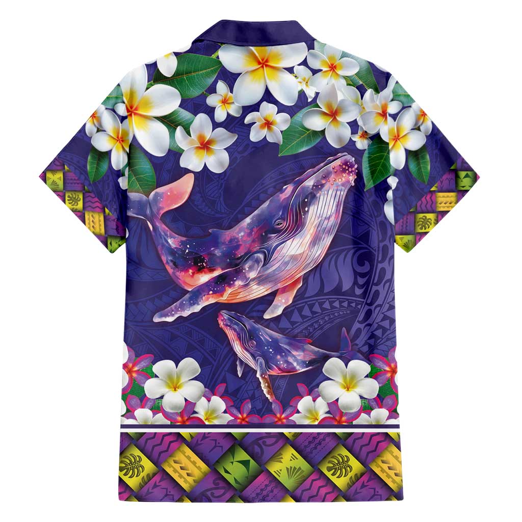 Hawaiian Plumeria and Humpback Whales Family Matching Short Sleeve Bodycon Dress and Hawaiian Shirt Polynerian Art Tattoo-Navy Color