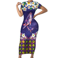 Hawaiian Plumeria and Humpback Whales Family Matching Short Sleeve Bodycon Dress and Hawaiian Shirt Polynerian Art Tattoo-Navy Color