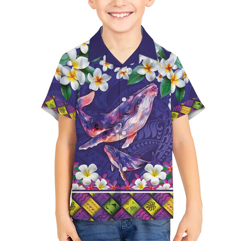 Hawaiian Plumeria and Humpback Whales Family Matching Short Sleeve Bodycon Dress and Hawaiian Shirt Polynerian Art Tattoo-Navy Color