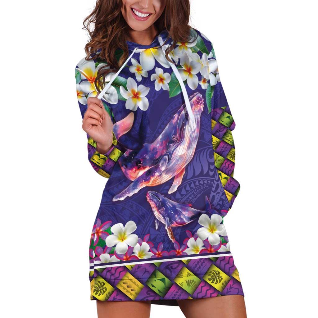 Hawaiian Plumeria and Humpback Whales Hoodie Dress Polynerian Art Tattoo-Navy Color LT03 Navy - Polynesian Pride
