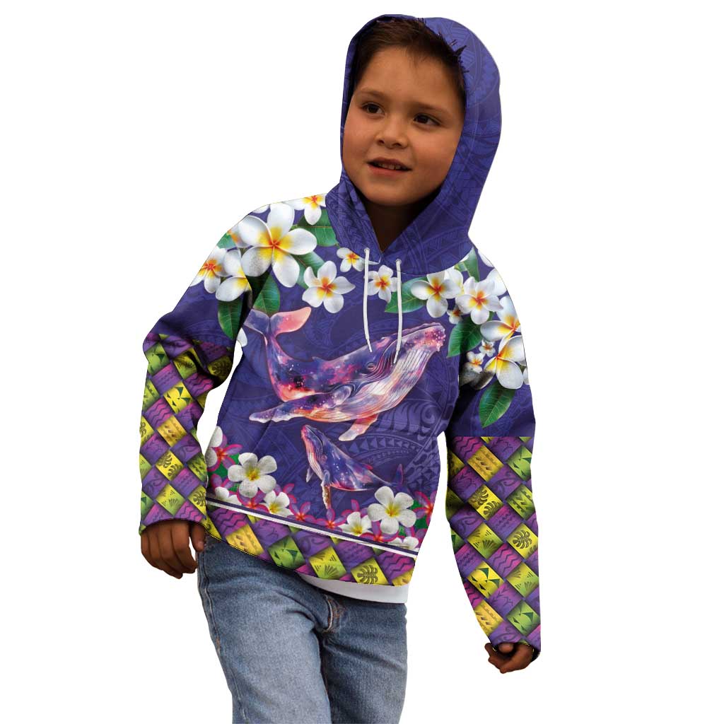 Hawaiian Plumeria and Humpback Whales Kid Hoodie Polynerian Art Tattoo-Navy Color LT03 - Polynesian Pride