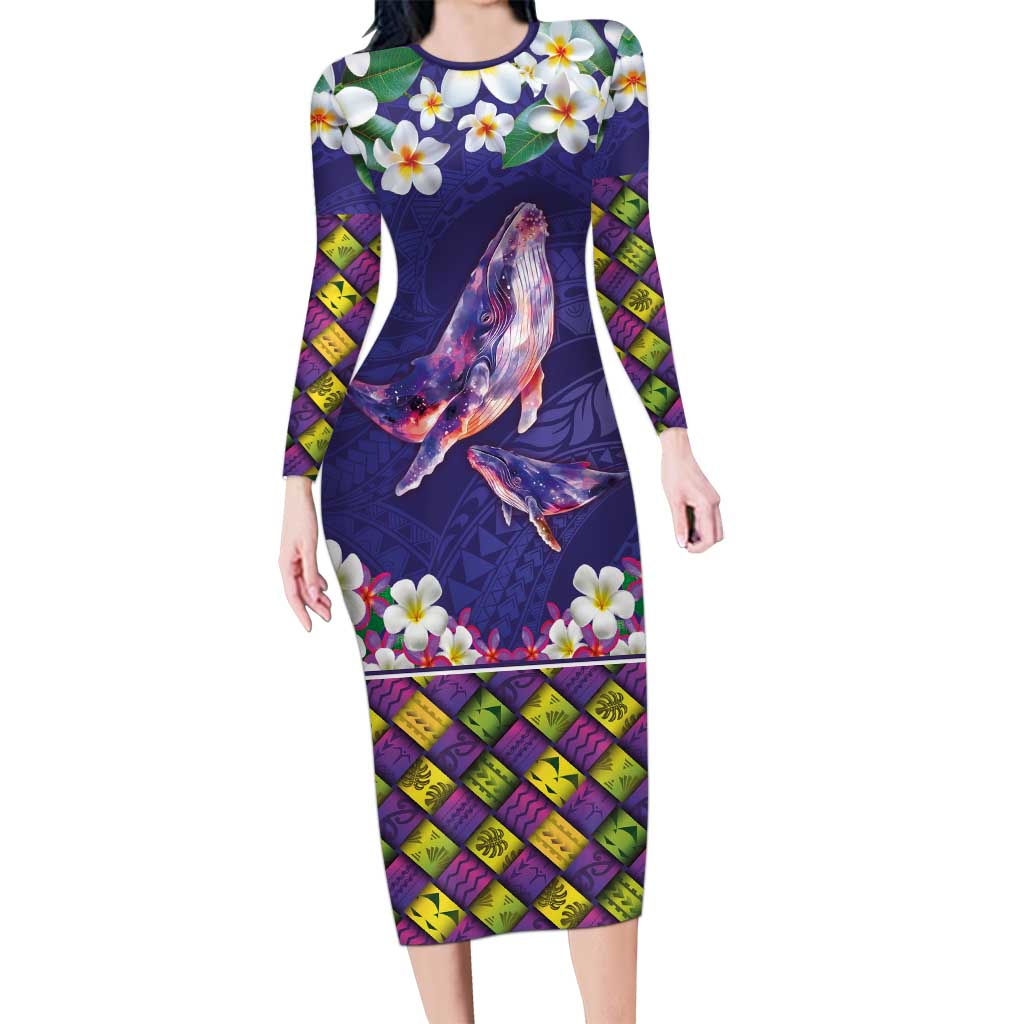 Hawaiian Plumeria and Humpback Whales Long Sleeve Bodycon Dress Polynerian Art Tattoo-Navy Color LT03 Long Dress Navy - Polynesian Pride