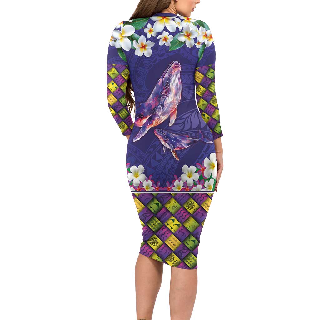 Hawaiian Plumeria and Humpback Whales Long Sleeve Bodycon Dress Polynerian Art Tattoo-Navy Color LT03 - Polynesian Pride