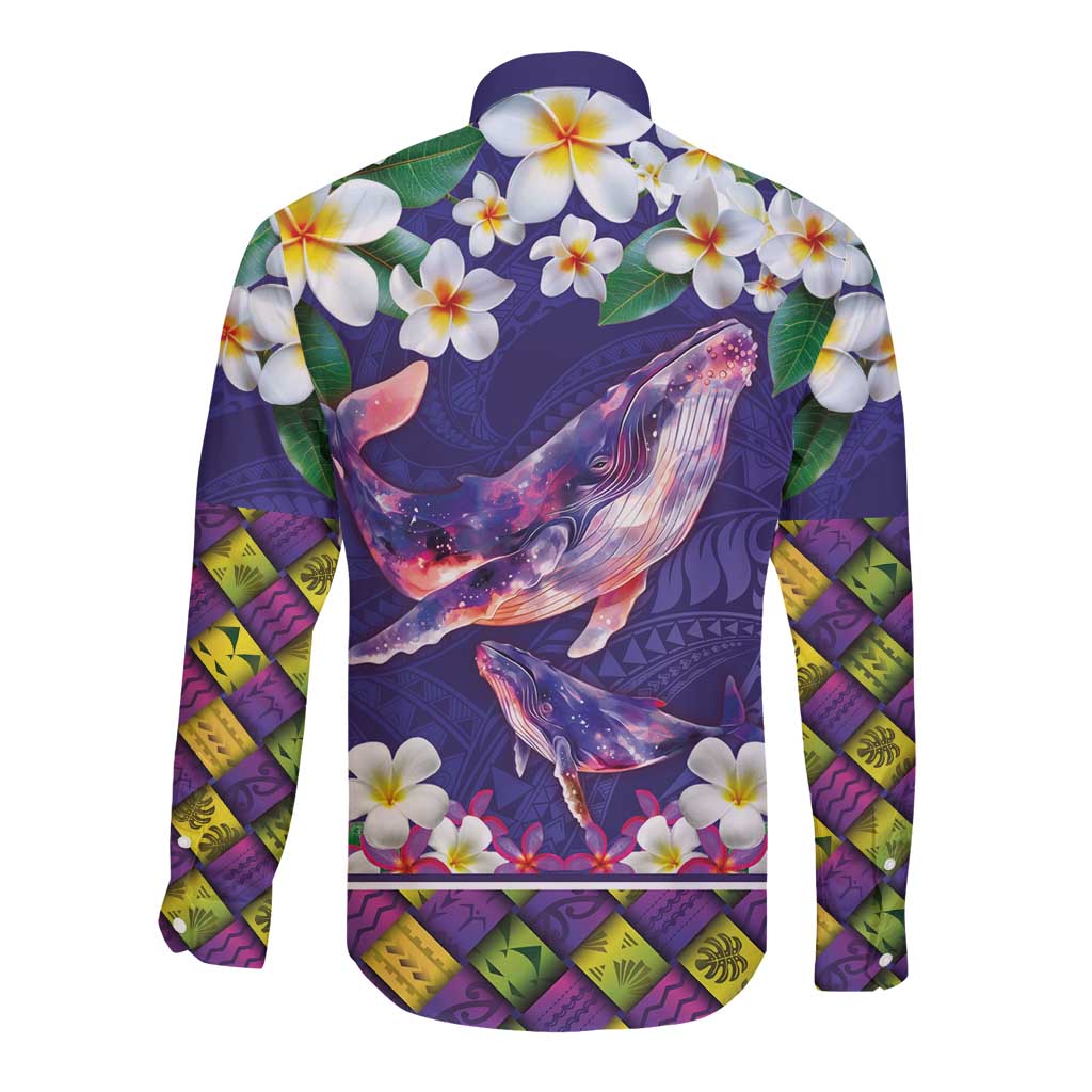 Hawaiian Plumeria and Humpback Whales Long Sleeve Button Shirt Polynerian Art Tattoo-Navy Color