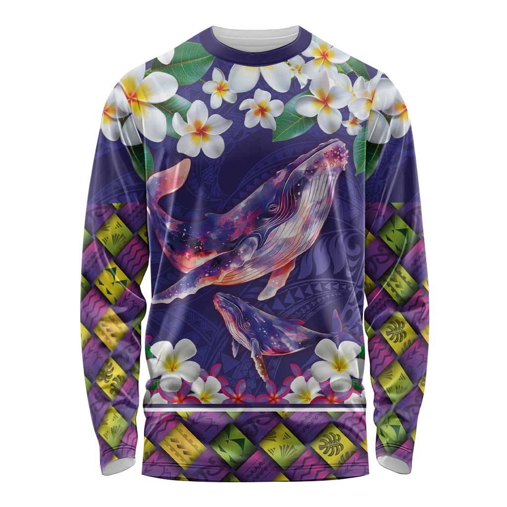 Hawaiian Plumeria and Humpback Whales Long Sleeve Shirt Polynerian Art Tattoo-Navy Color