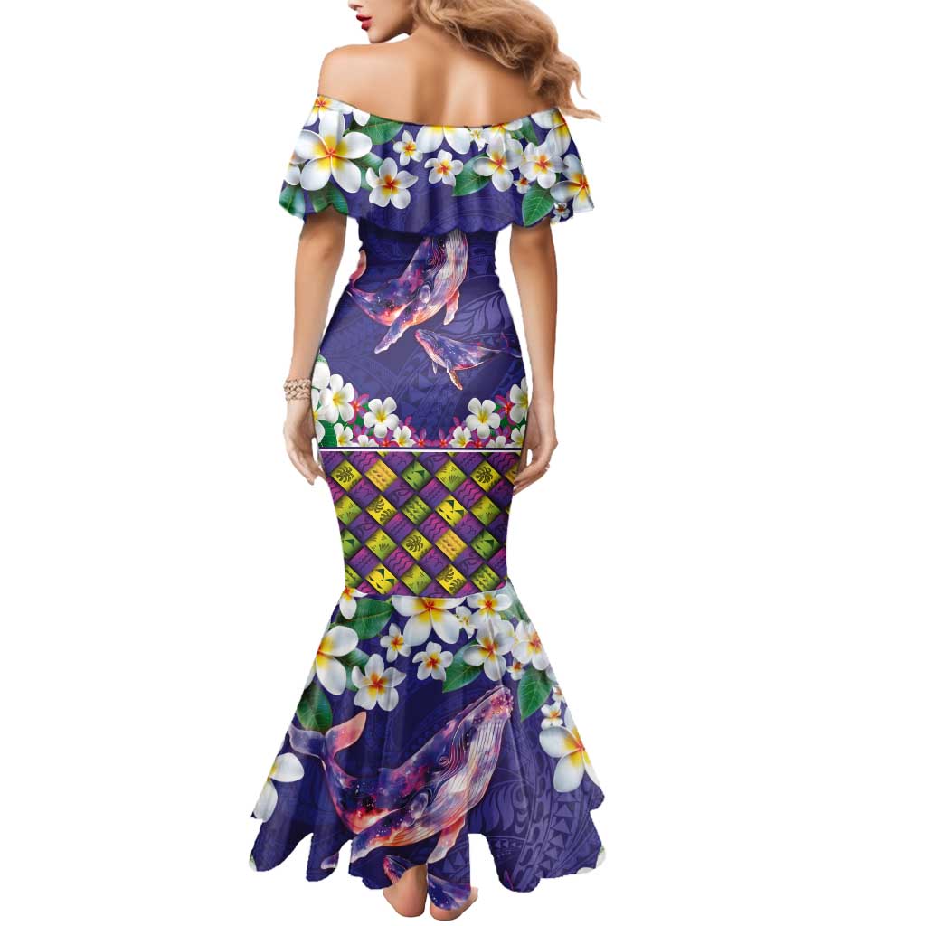 Hawaiian Plumeria and Humpback Whales Mermaid Dress Polynerian Art Tattoo-Navy Color LT03 - Polynesian Pride