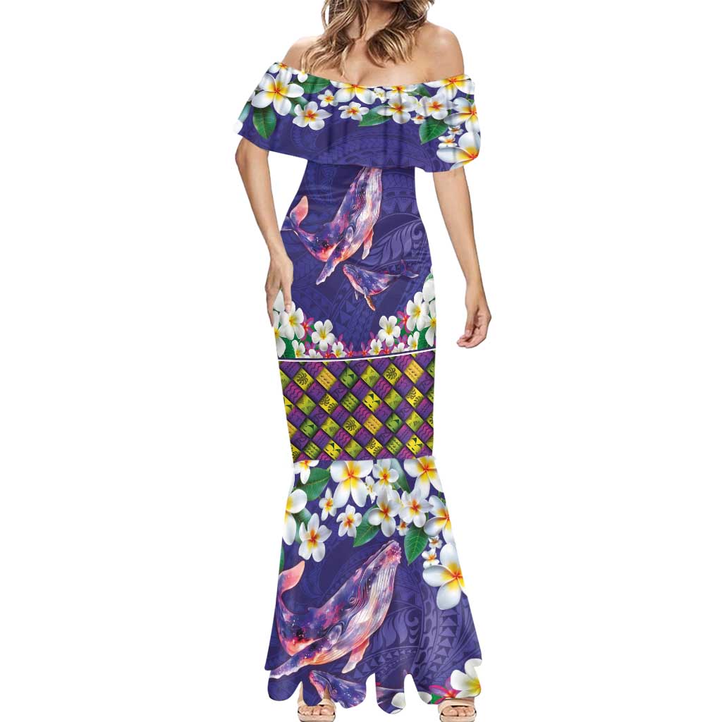 Hawaiian Plumeria and Humpback Whales Mermaid Dress Polynerian Art Tattoo-Navy Color LT03 - Polynesian Pride