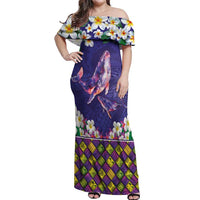 Hawaiian Plumeria and Humpback Whales Off Shoulder Maxi Dress Polynerian Art Tattoo-Navy Color LT03 Women Navy - Polynesian Pride