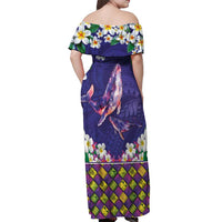 Hawaiian Plumeria and Humpback Whales Off Shoulder Maxi Dress Polynerian Art Tattoo-Navy Color LT03 - Polynesian Pride