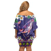 Hawaiian Plumeria and Humpback Whales Off Shoulder Short Dress Polynerian Art Tattoo-Navy Color LT03 - Polynesian Pride
