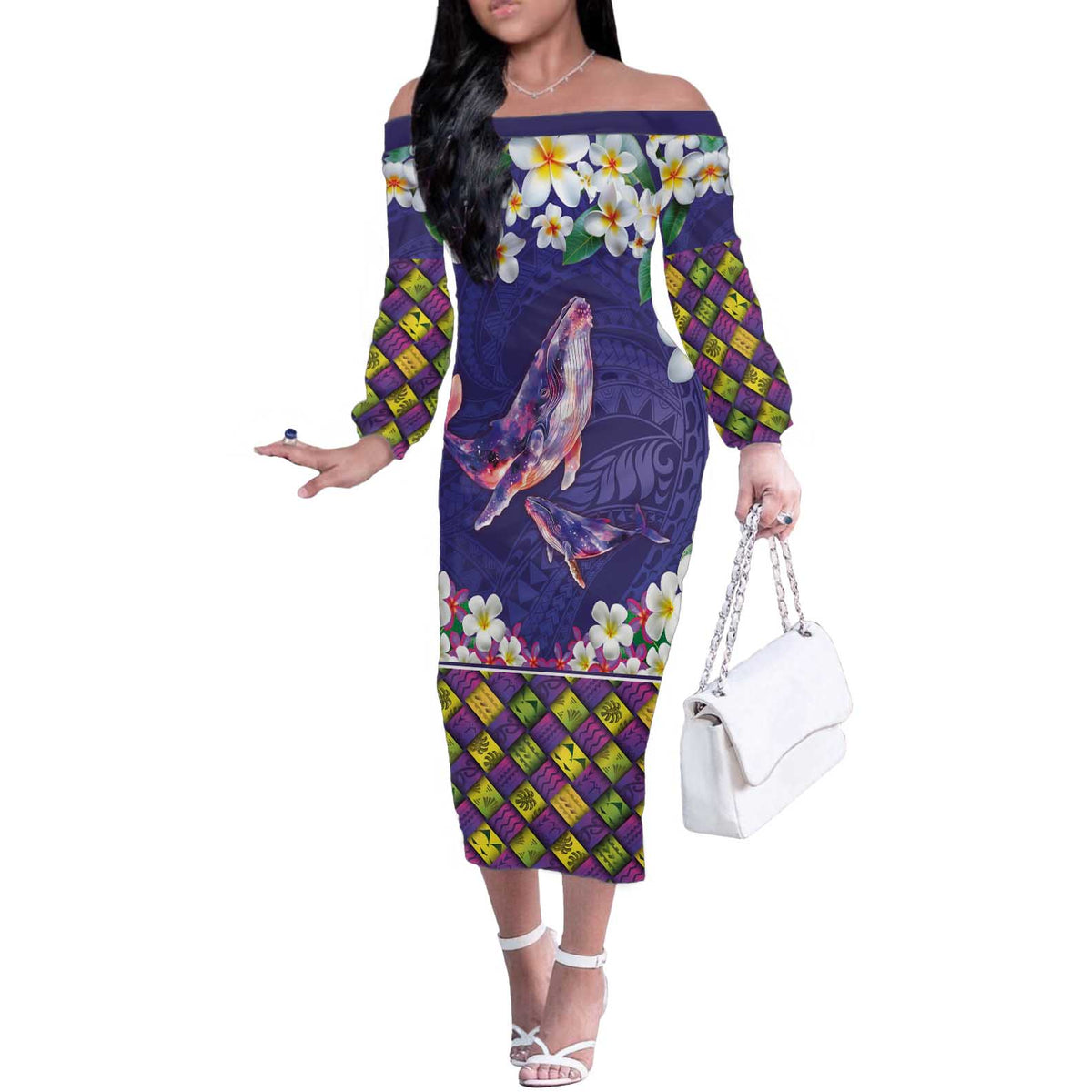 Hawaiian Plumeria and Humpback Whales Off The Shoulder Long Sleeve Dress Polynerian Art Tattoo-Navy Color LT03 Women Navy - Polynesian Pride