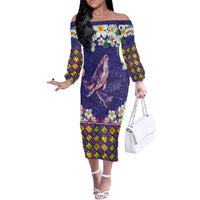 Hawaiian Plumeria and Humpback Whales Off The Shoulder Long Sleeve Dress Polynerian Art Tattoo-Navy Color LT03 Women Navy - Polynesian Pride