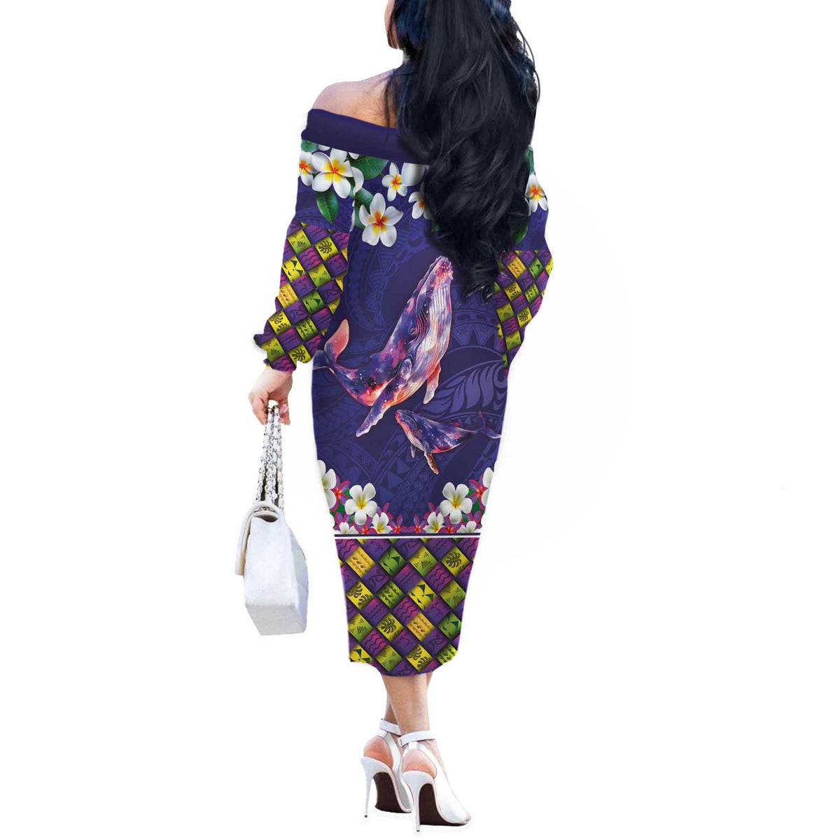 Hawaiian Plumeria and Humpback Whales Off The Shoulder Long Sleeve Dress Polynerian Art Tattoo-Navy Color LT03 - Polynesian Pride