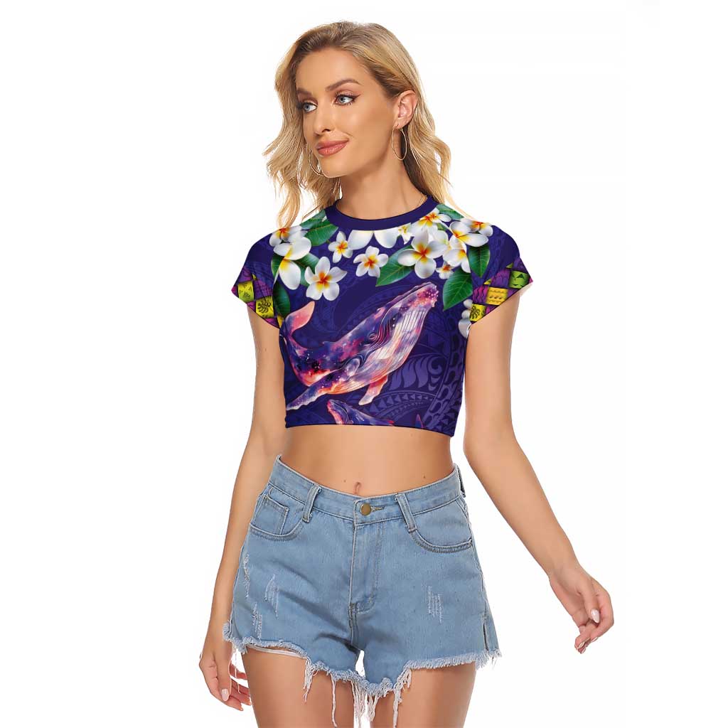 Hawaiian Plumeria and Humpback Whales Raglan Cropped T Shirt Polynerian Art Tattoo-Navy Color LT03 Female Navy - Polynesian Pride