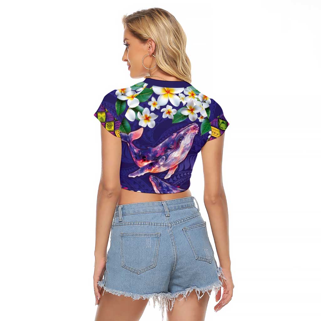 Hawaiian Plumeria and Humpback Whales Raglan Cropped T Shirt Polynerian Art Tattoo-Navy Color LT03 - Polynesian Pride