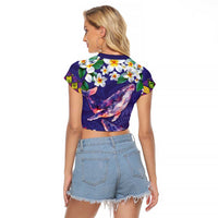 Hawaiian Plumeria and Humpback Whales Raglan Cropped T Shirt Polynerian Art Tattoo-Navy Color LT03 - Polynesian Pride