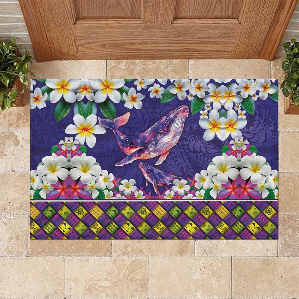 Hawaiian Plumeria and Humpback Whales Rubber Doormat Polynerian Art Tattoo-Navy Color