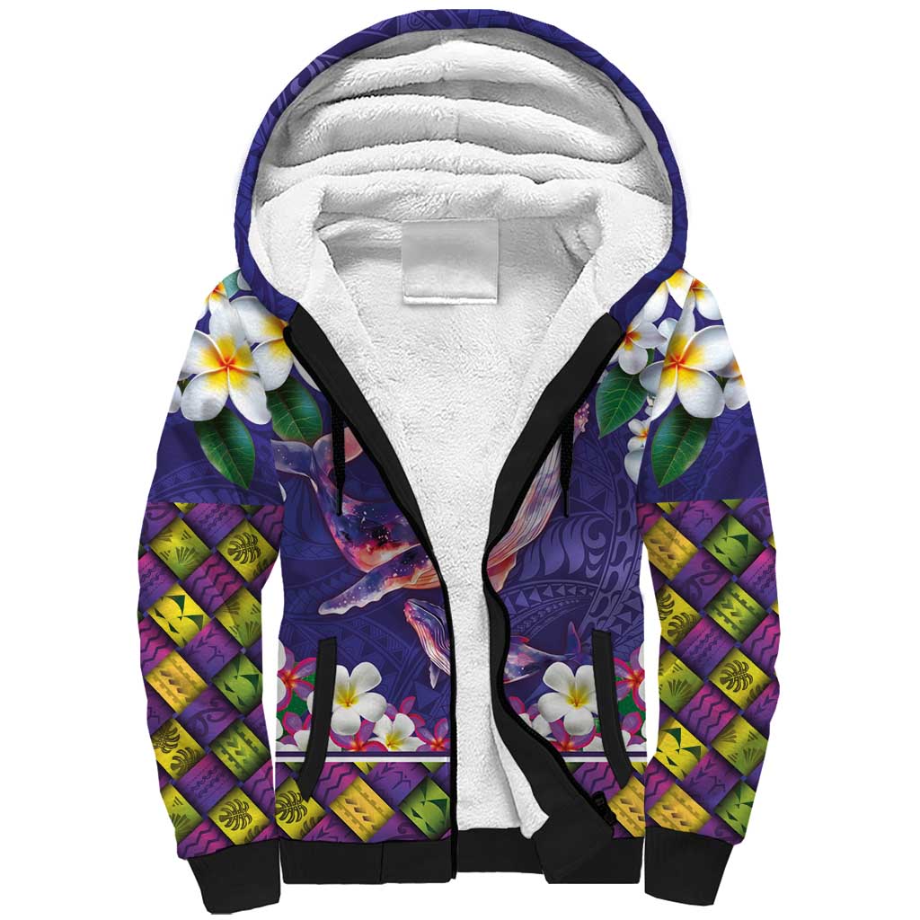 Hawaiian Plumeria and Humpback Whales Sherpa Hoodie Polynerian Art Tattoo-Navy Color LT03 Unisex Navy - Polynesian Pride
