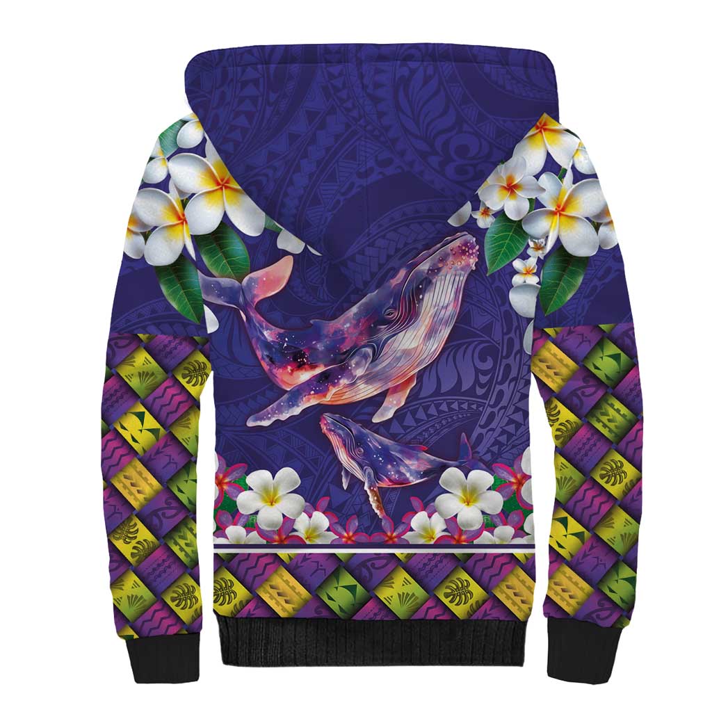 Hawaiian Plumeria and Humpback Whales Sherpa Hoodie Polynerian Art Tattoo-Navy Color LT03 - Polynesian Pride