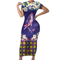 Hawaiian Plumeria and Humpback Whales Short Sleeve Bodycon Dress Polynerian Art Tattoo-Navy Color LT03 Long Dress Navy - Polynesian Pride