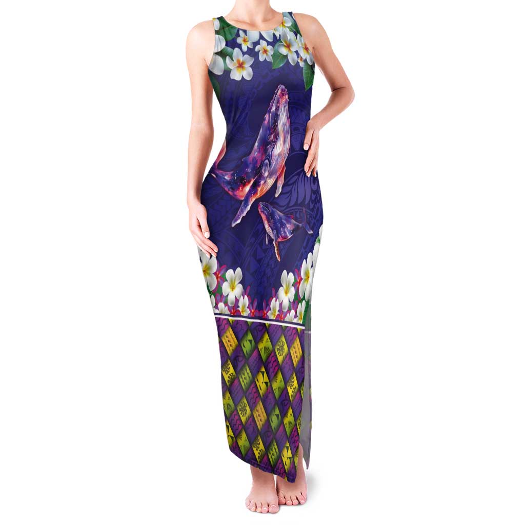 Hawaiian Plumeria and Humpback Whales Tank Maxi Dress Polynerian Art Tattoo-Navy Color LT03 Women Navy - Polynesian Pride