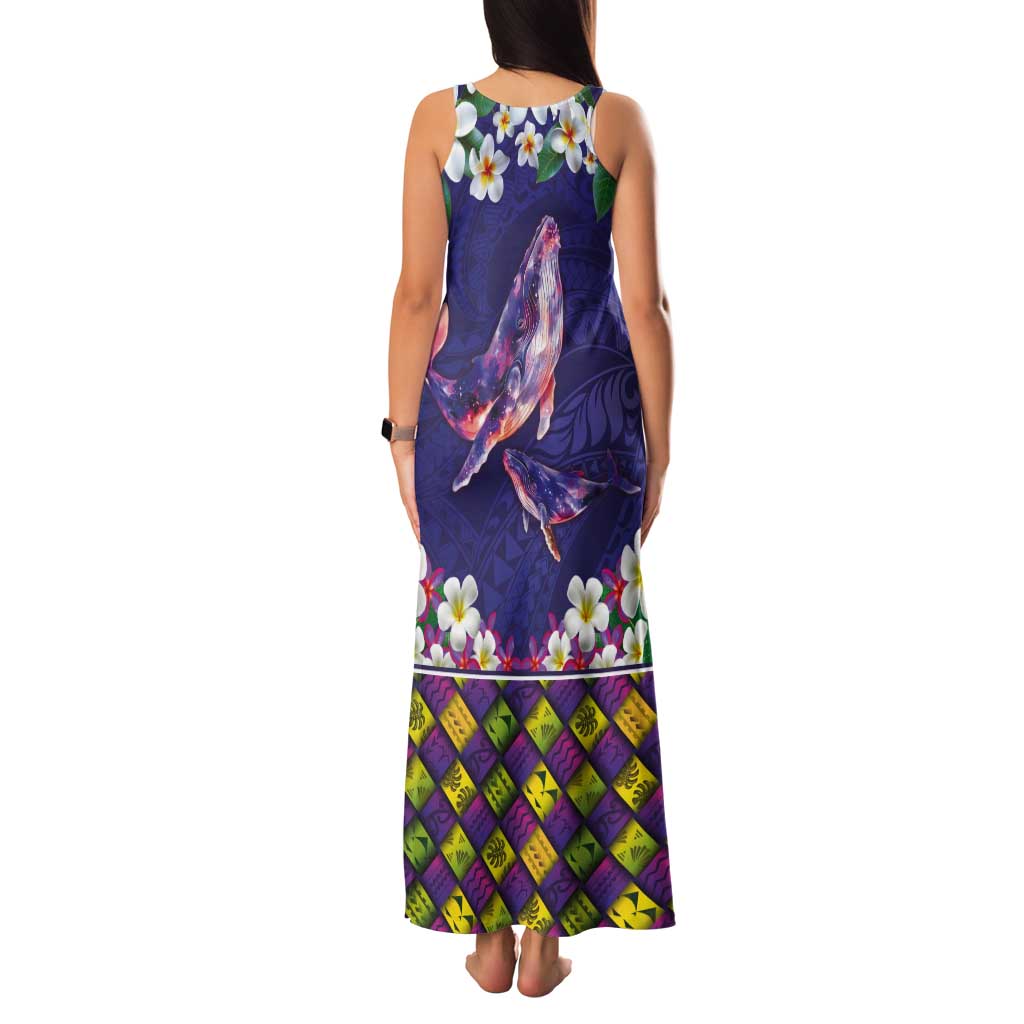 Hawaiian Plumeria and Humpback Whales Tank Maxi Dress Polynerian Art Tattoo-Navy Color LT03 - Polynesian Pride